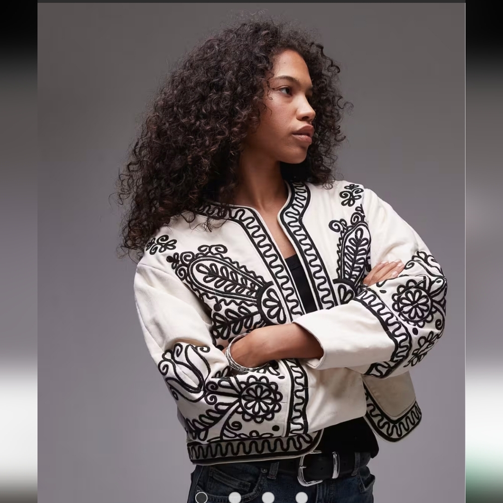 Mango Black and Cream Embroidered Bomber Jacket